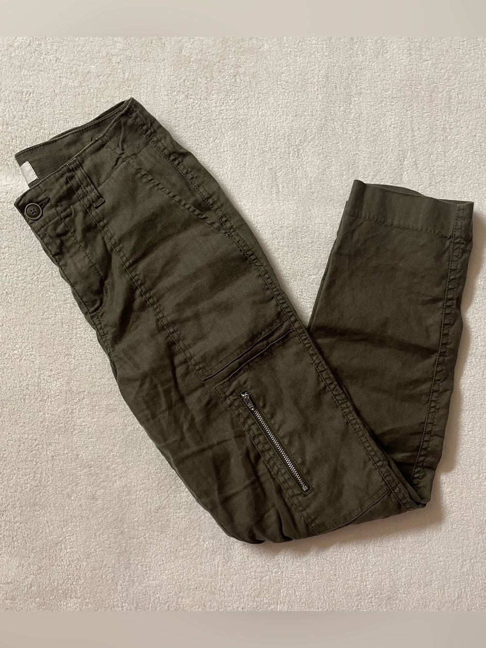 Level 99 Army Green Cargo Linen Pants Front Zipper Pocket size 25